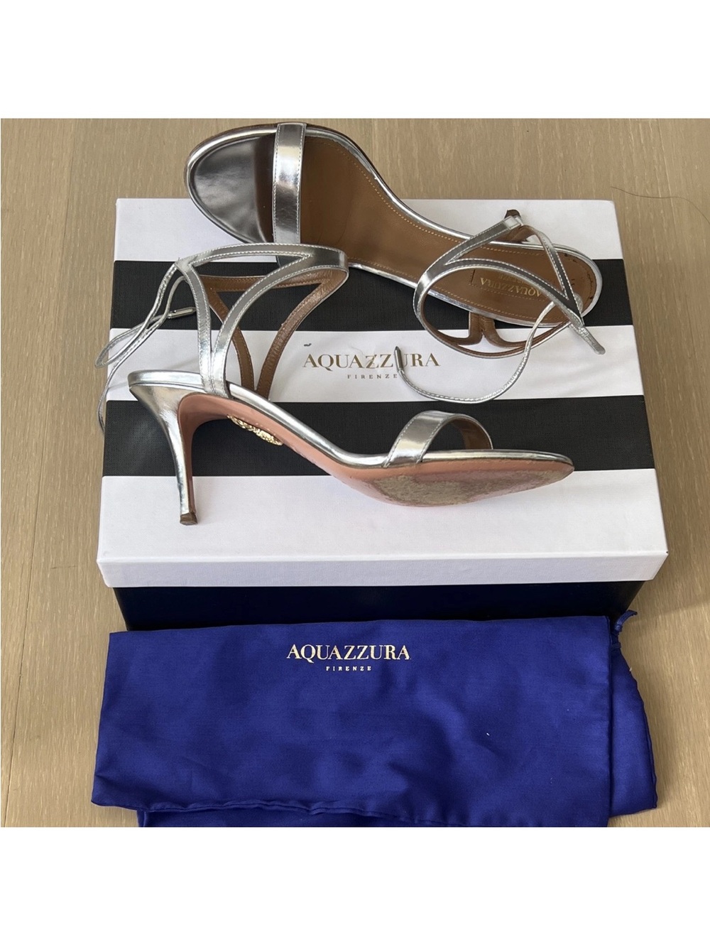 Aquazzura Silver Strappy Open Toe Uma Sandal 75 38.5 / 8.5